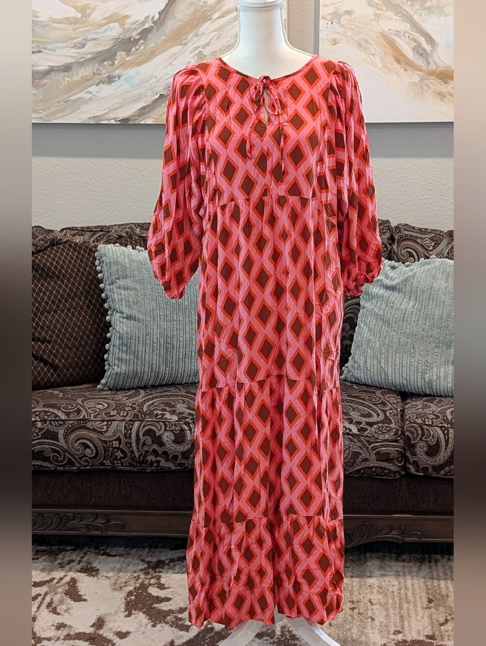 Flowy Pink Geometric Maxi Dress - Lightweight Women's Dress